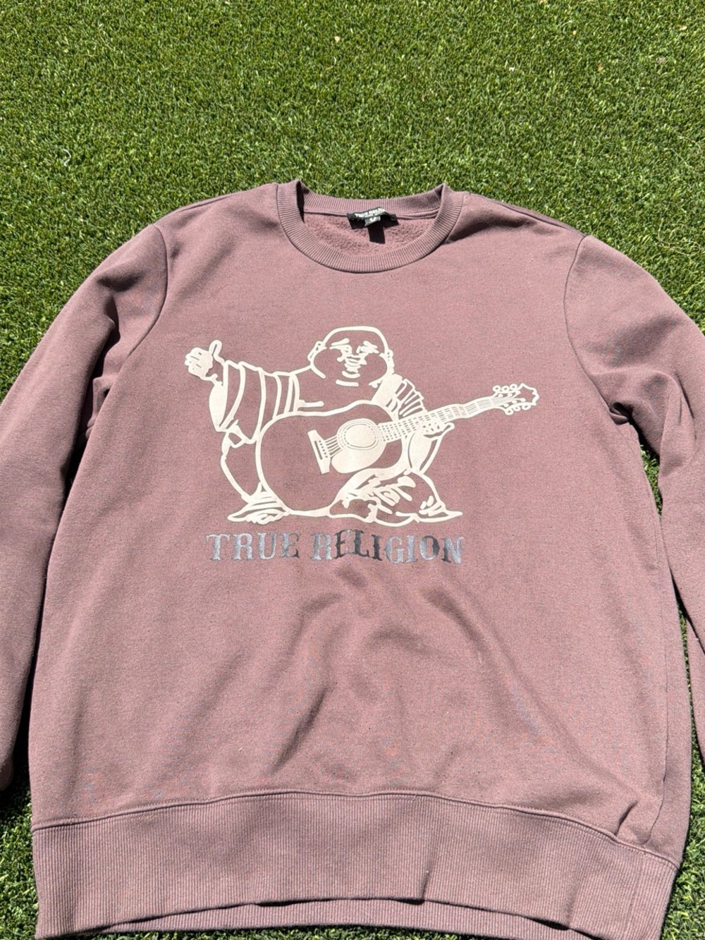 True Religion Mauve Crewneck Sweatshirt with White Buddha Graphic